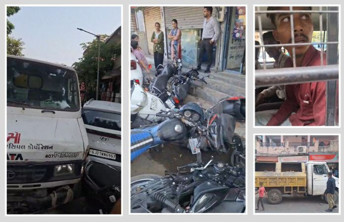 અમદાવાદના નારણપુરામાં કચરાની ગાડી બેફામ: 7થી વધુ વાહનોને લીધા અડફેટે, ડ્રાઇવરે દારૂ પીધો હોવાનો આક્ષેપ 1 - image