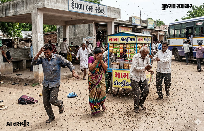 VIDEO: ધારીના દેવળા ગામે બસ સ્ટેન્ડ પાસે બેઠેલા 6 લોકો પર મધમાખીના ઝુંડનો અચાનક હુમલો, તમામને હોસ્પિટલ ખસેડાયા 1 - image