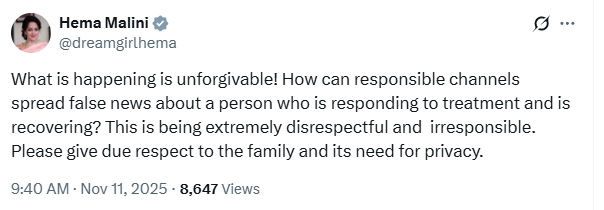 ધર્મેન્દ્ર હજુ જીવે છે : નિધનના અહેવાલ અંગે હેમા માલિની અને એશા દેઓલ ભડક્યાં 2 - image