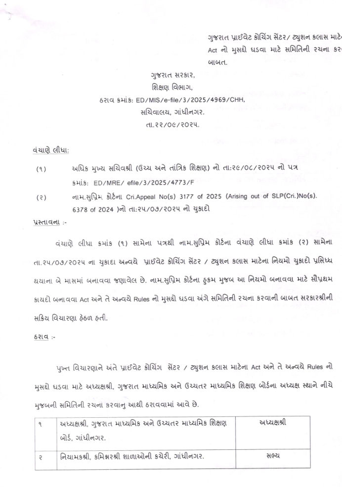 ગુજરાતમાં ટ્યુશન ક્લાસીસ પર નિયંત્રણ માટે કાયદો બનશે, 8 સભ્યોની સમિતિ રચાઈ 2 - image