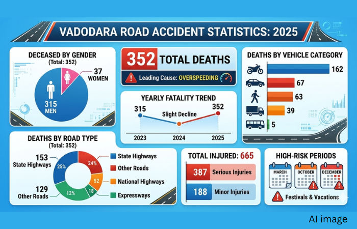 352 road accident deaths reported in Vadodara in 2025, overspeeding leading cause