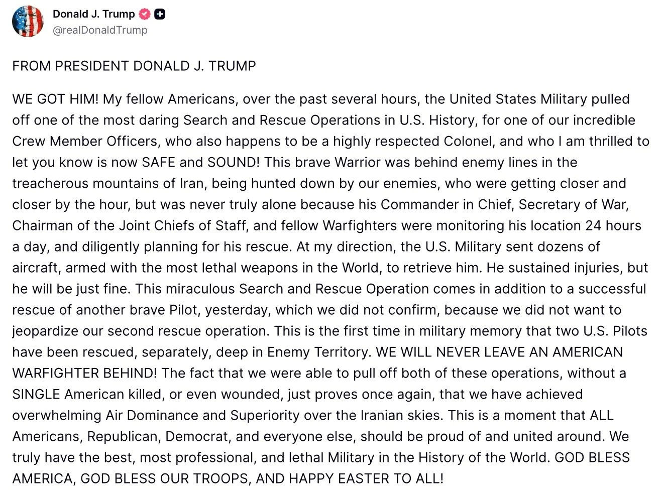 'અમે શોધી કાઢ્યા...', ઈરાનમાં ફસાયેલા પાયલટનું ફિલ્મી સ્ટાઈલે રેસ્ક્યુ, ટ્રમ્પે કર્યું કન્ફર્મ 2 - image