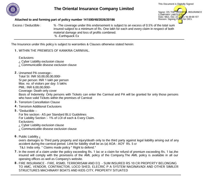 કાંકરિયા કાર્નિવલમાં જનારા લોકો ભગવાન ભરોસે? 5000 કરોડના વીમા કવચમાં AMCનું ભોપાળું 3 - image