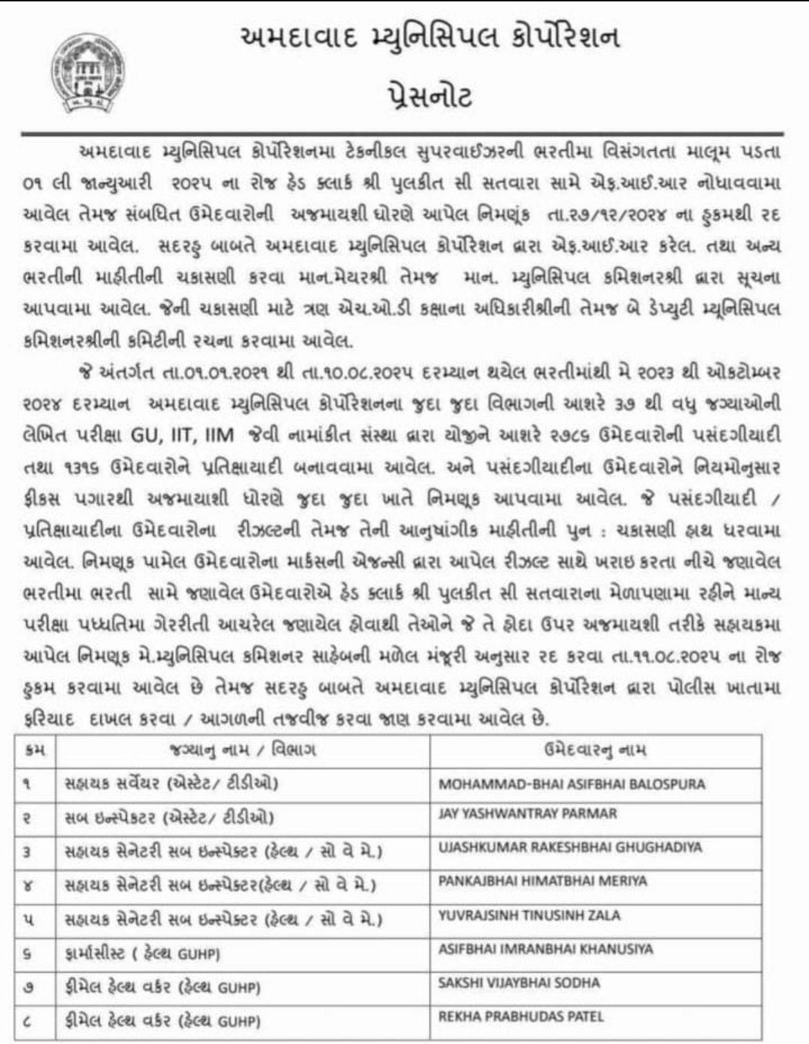 અમદાવાદ મનપામાં ભરતી કૌભાંડનો પર્દાફાશ, 8 કર્મચારીઓને તાત્કાલિક અસરથી હાંકી કઢાયા, સસ્પેન્ડેડ હેડ ક્લાર્ક પુલકિત મુખ્ય આરોપી 2 - image