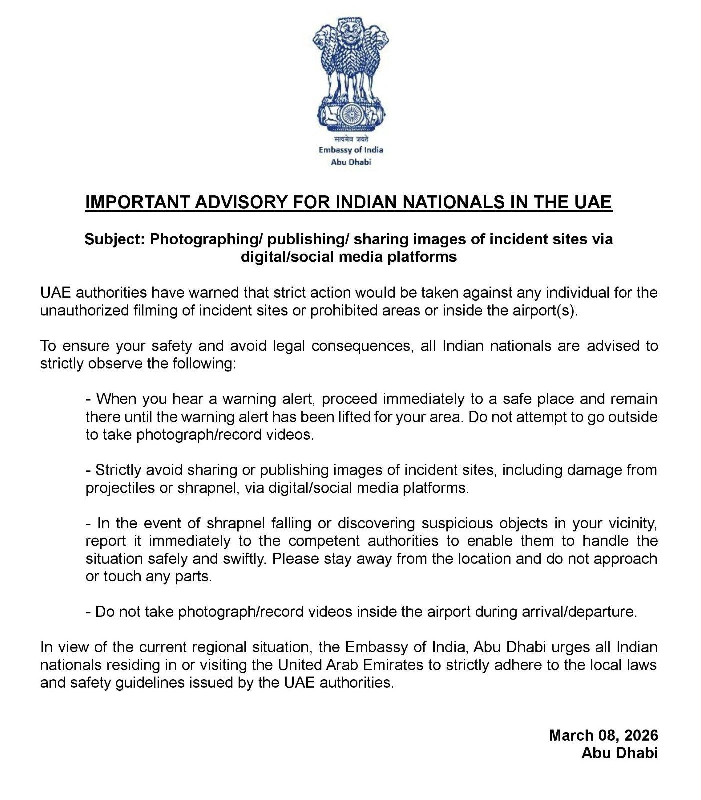 Indian embassy in UAE advises citizens against filming incident sites, prohibited areas 