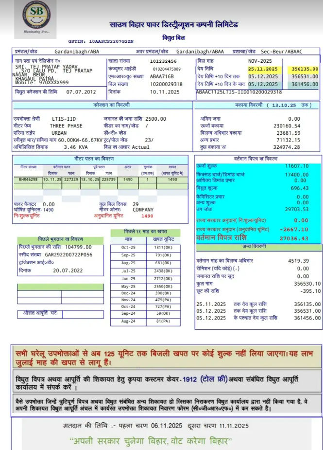 ખાનગી બંગલાનું 3.5 લાખ રૂપિયા વીજ બિલ બાકી છતાં તેજ પ્રતાપ સામે કોઈ કાર્યવાહી નહીં 2 - image