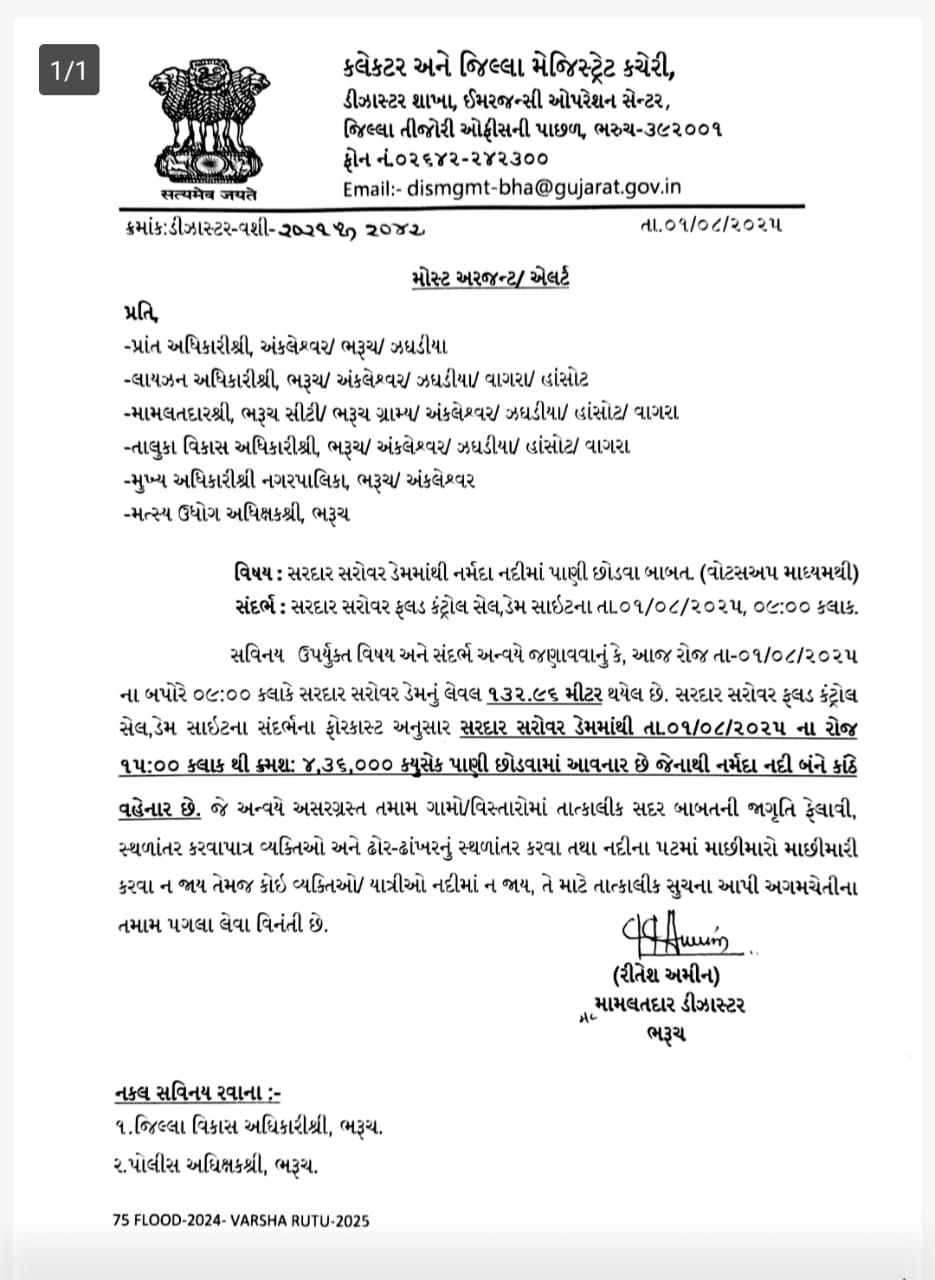 સરદાર સરોવર ડેમની જળસપાટીમાં ધરખમ વધારો: 4,36,000 લાખ ક્યુસેક પાણી છોડવાની જાહેરાત 2 - image