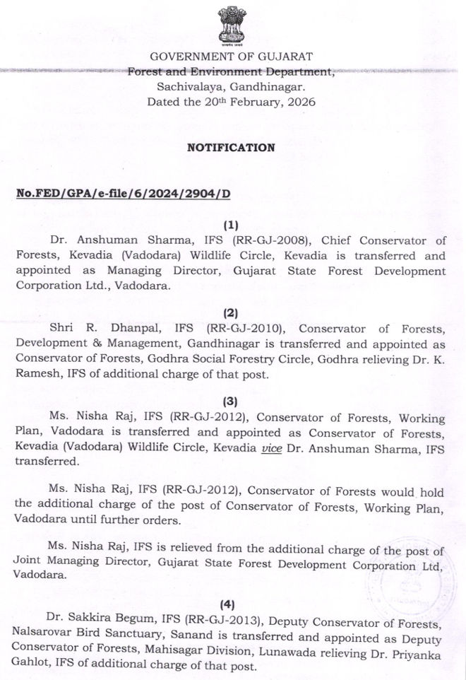 વન વિભાગમાં મોટો ફેરફાર: IFS અને GFS અધિકારીઓની મોટાપાયે બદલી, જુઓ યાદી 2 - image