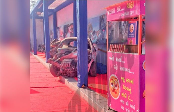 Ahmedabad Traffic Police exhibits crushed vehicles on road to raise accident awareness