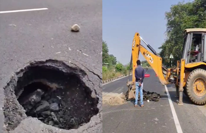 VIDEO: શહેરા-ગોધરા હાઇવે પર ગાબડું પુરવાની કામગીરી શરૂ, વીડિયો વાઈરલ થયા બાદ તંત્ર દોડતું થયું 1 - image