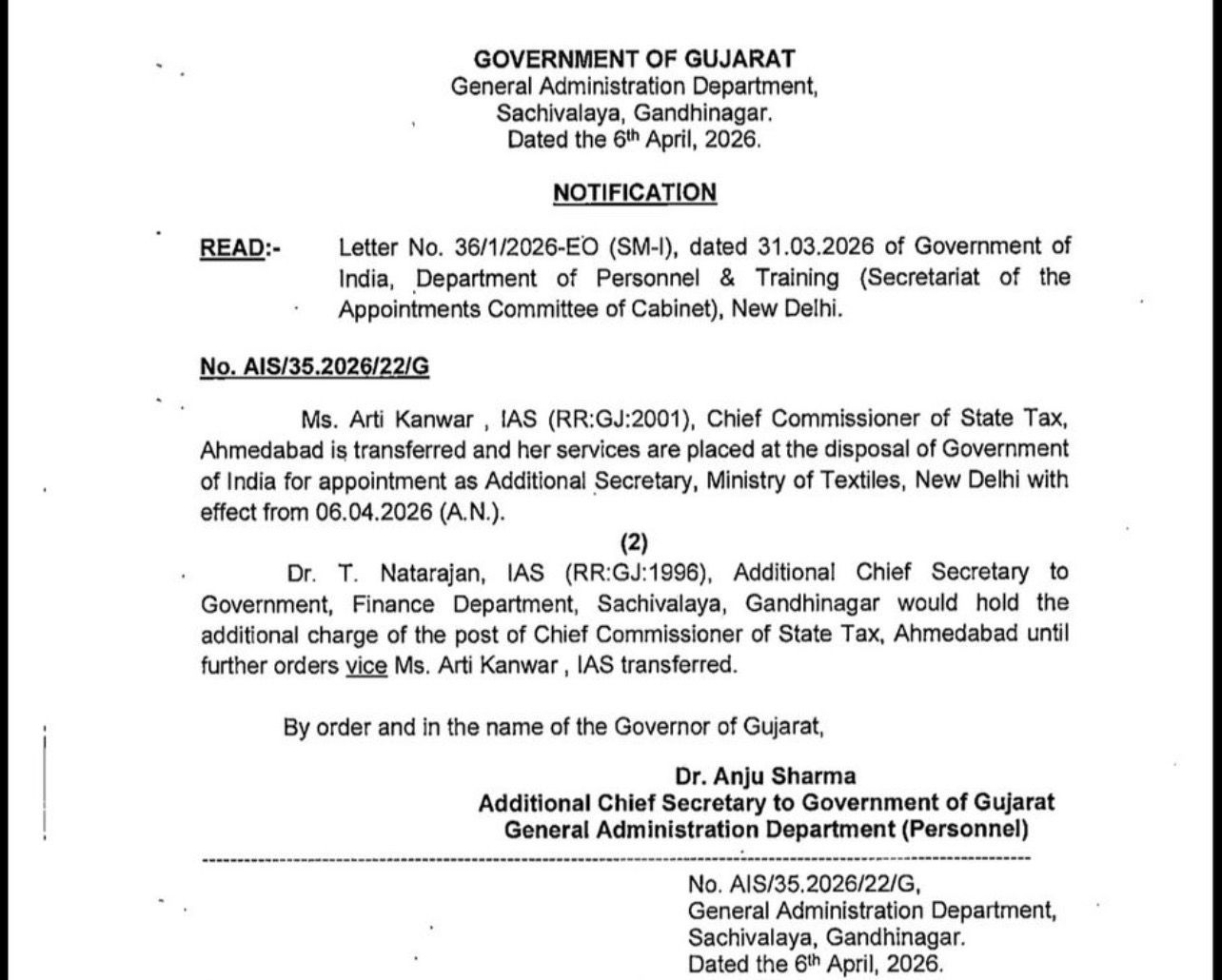 ગુજરાતના વહીવટીતંત્રમાં મોટો ફેરફાર: આરતી કંવરની કેન્દ્રમાં નિમણૂક, ટી. નટરાજનને સ્ટેટ ટેક્સ કમિશનરનો વધારાનો હવાલો 2 - image