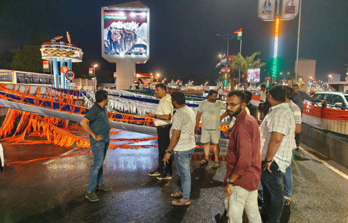 Mandap for PM Modi’s roadshow collapses near airport circle as winds sweep Ahmedabad