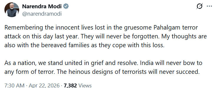 પહલગામ હુમલાની વરસી પર PM મોદીએ અર્પી શ્રદ્ધાંજલિ, કહ્યું- આતંકવાદીઓના નાપાક મનસૂબા ક્યારેય સફળ નહીં થાય 2 - image