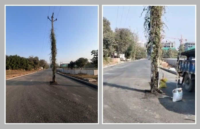 AMCની અણઘડ કામગીરી: શેલા VIP રોડ પર થાંભલા હટાવ્યા વિના જ ડામર રોડ બિછાવી દેવાયો 1 - image