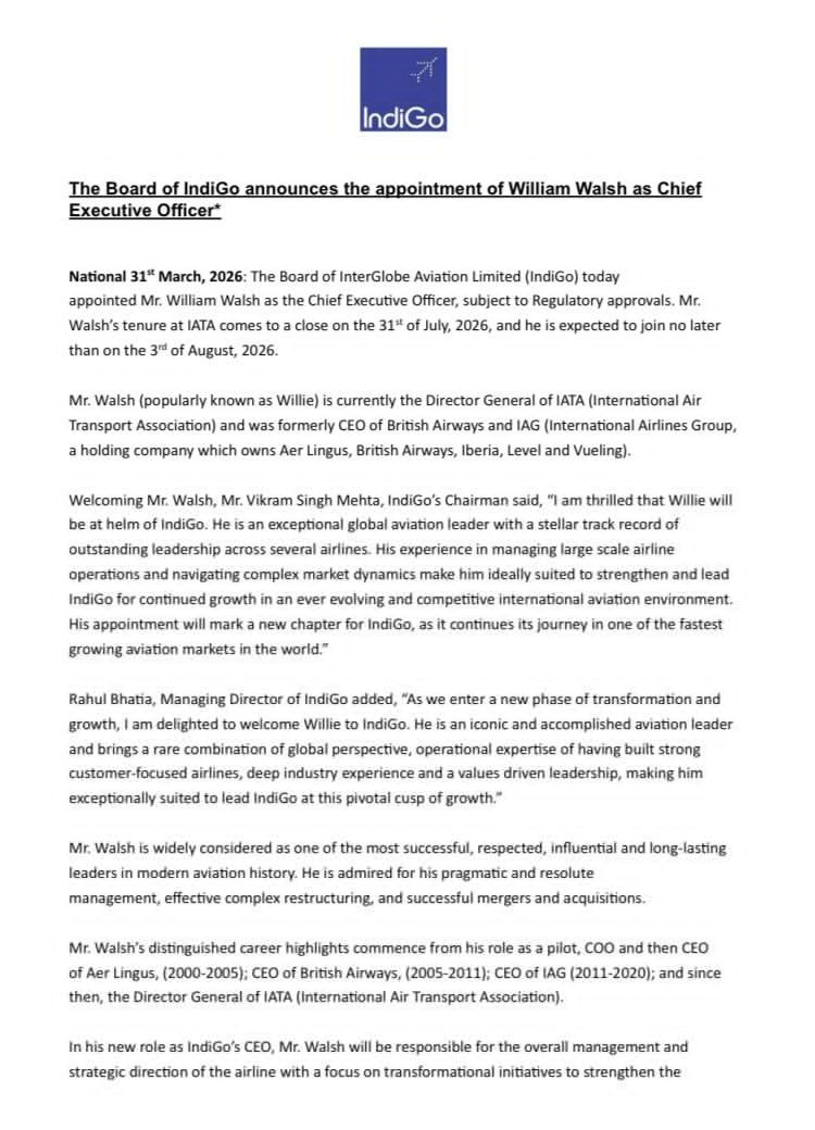 ઇન્ડિગોમાં મોટું નેતૃત્વ પરિવર્તન, વિલિયમ વૉલ્શની CEO તરીકે કરી નિમણૂક 2 - image